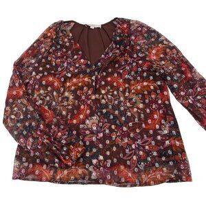 Loft Womens Floral‎ Sheer Long Sleeve Blouse M Brown Multicolor Lightweight